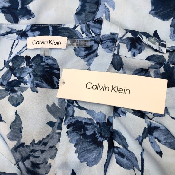 Calvin Klein Womens Blue Floral Button-Down Blouse W Roll-Tab Sleeves Size S NWT - Picture 5 of 8